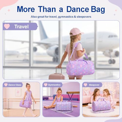 Bagseri Dance Bag for Girls - Kids Duffle Travel Bag with Shoe Compartment | Dry Wet Pockets, Ballet, Gymnastics, Sleepover and Weekend Tote Bag with Adjustable Strap, Purple Gradient Heart - color: G8-Purple Gradient Heart, size: Medium - 17.3 x 9 x 9.7