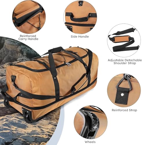Rolling Duffle Bag with Wheels,110L/140L Expandable Soft-Sided Foldable Duffle Bag with 2 Rubber Wheels,Packable 32” Rolling Carry-On with Multi-Pockets & Compartments,(brown) - color: brown