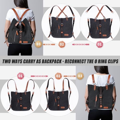 SHANGRI-LA Canvas Tote Handbag Casual Purse Shoulder Bag for Women Convertible Backpack - color: Black-1