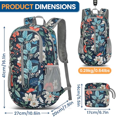 ZOMAKE Lightweight Packable Backpack 25L, Foldable Hiking Daypack - color: Royal Blue, Floral, size: 25L