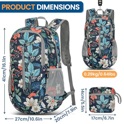 ZOMAKE Lightweight Packable Backpack 25L, Foldable Hiking Daypack - color: Royal Blue, Floral, size: 25L