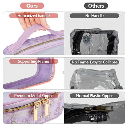 PACKISM Clear Makeup Bag Travel - TSA Approved Toiletry Bag, 3 Pack Purple - color: Purple, size: Medium Set (Patterned/ Lace Edition)