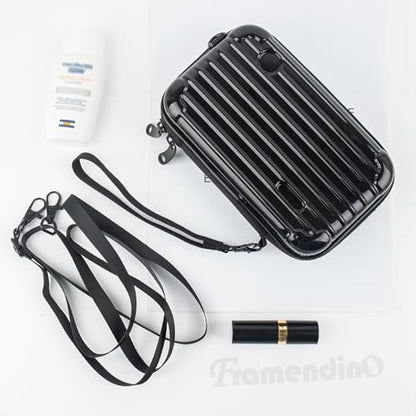 Framendino, Black Hard Shell Cosmetics Case Carrying Bag for Toiletry, Mini Cross Body Suitcase with Detachable Grip Rope and Shoulder Strap Women Travel - color: Black