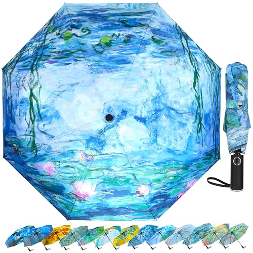 Van Gogh Folding Umbrella, Travel Umbrella with Starry Night Design, Auto Open & Close - Portable Compact Umbrella - Lightweight & Packable for Women & Men - color: Water Lilies A