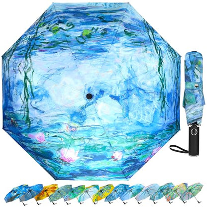 Van Gogh Folding Umbrella, Travel Umbrella with Starry Night Design, Auto Open & Close - Portable Compact Umbrella - Lightweight & Packable for Women & Men - color: Water Lilies A