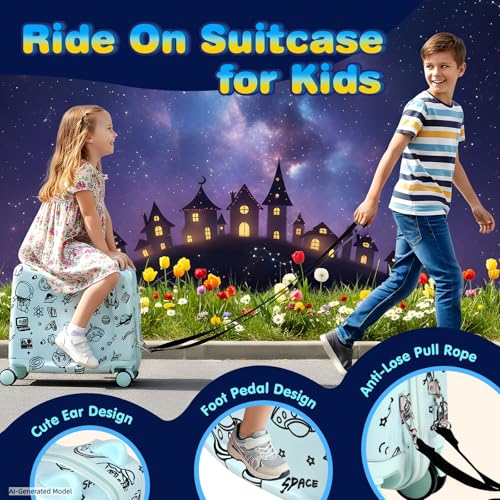 Kids Ride-On Suitcase with Cute Ears, 20" Carry-On Luggage with TSA Lock - color: Green(Carry On Size)