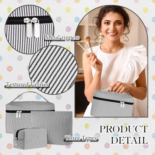 Huhumy 3Pieces Cute Seersucker Makeup Bag Set for Women, Black, Stripe - color: Black, style: Stripe