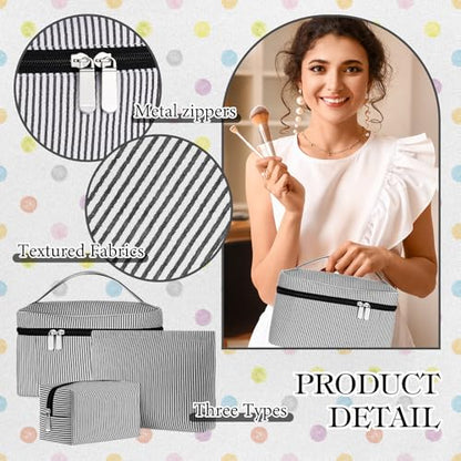 Huhumy 3Pieces Cute Seersucker Makeup Bag Set for Women, Black, Stripe - color: Black, style: Stripe