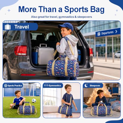 Bagseri Boys Duffle Bag for Travel - Kids Gym Bag with Shoe Compartment - color: B6-Yellow Trucks, size: Medium - 17.3 x 9 x 9.7 in