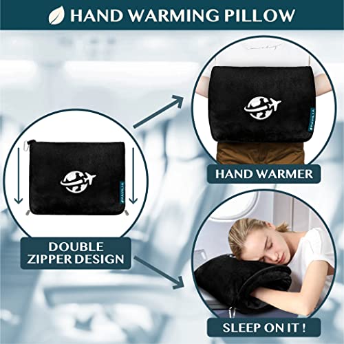 PAVILIA Compact 2-in-1 Travel Blanket Pillow for Airplane Flight, Black - color: Black