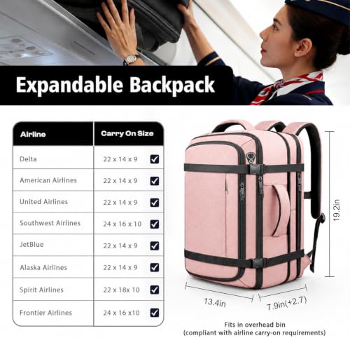 Expandable Flight-Approved Travel Backpack 35-45L with LifetimeWarranty - color: Pink, size: 17.3inch - 19.2"x13.4"x7.9"(+2.7")