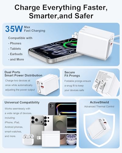 35w Retractable iPhone Wall Charger USB C, 3-in-1 Fast Charging Bloc | Built-In Retractable Cable, Usb-C & Usb-A Multi Ports, Foldable Plug Travel Ac Power Adapter For Apple 17e 17 Pro 16e 16 15 - color: Retractable Wall Charger-White