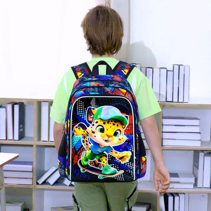 CCJPX 3Pcs Backpack for Boys, 16 Inch Preschool Elementary Kindergarten School Backpacks and Lunch Box - color: Black Leopard
