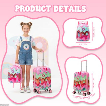 Kids 4 Piece Luggage Set 16" Hard Shell Suitcase Cute Ice Cream Pattern, Rolling Wheels Travel Gift for Girls - color: Pink Ice Cream