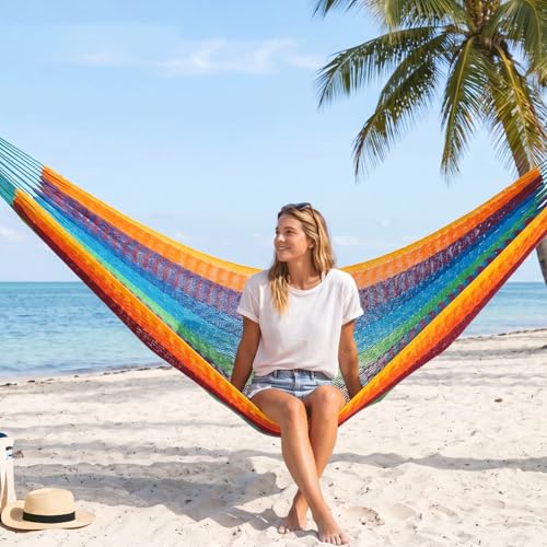PNAEUT Handwoven Rope Mayan Hammock for Outside, 600 lbs Capacity - color: Tropical, size: X-Large