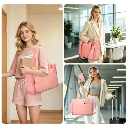 oscaurt Work Tote Bag for Women, 18 Pocket Laptop Tote, 15.6" Compartment - color: Pink