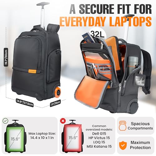 EVERKI Wheeled 123 Laptop Rolling Backpack for Men & Women, Black - 32L - size: Wheeled 123 Laptop Backpack - 32L