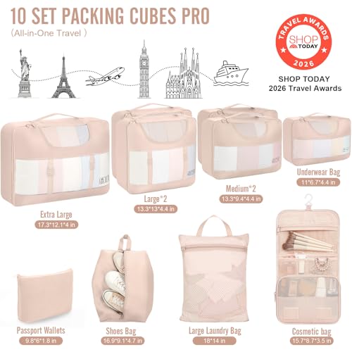 Veken 4 Set/6 Set /8 Set /9 Set /10 Set /11 Set Packing Cubes for Travel Essentials, 10 Set, 02 Cream - color: 02 Cream