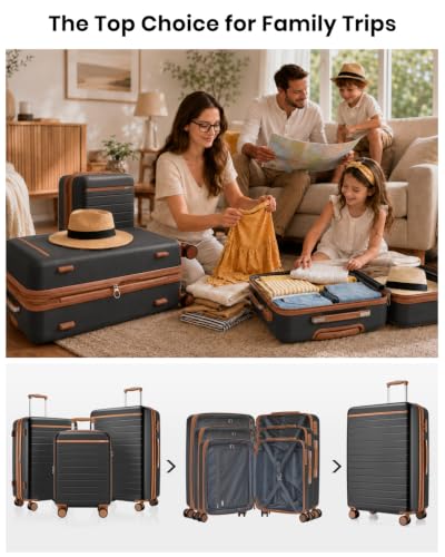 Kono 3-Piece Luggage Set 20/24/28 Expandable Hardshell Long Trip Black - color: Black, size: 3-piece set (20/24/28)