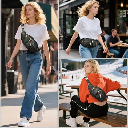 Genuine Leather Fanny Pack large capacity Crossbody Waist Bag with Zipper phone Pockets crocodile black - color: Black Croco