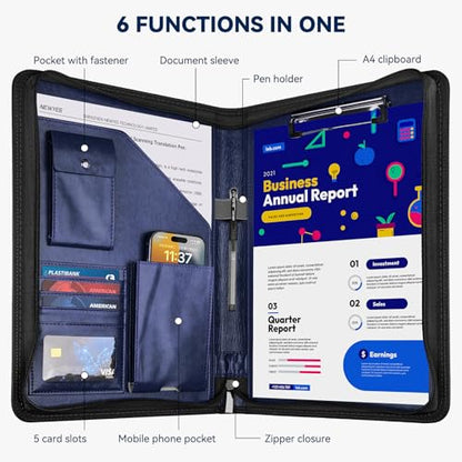 WRIYES Zippered Padfolio Organizer, Blue, 10.2 Inch Portfolio Folder - color: Blue