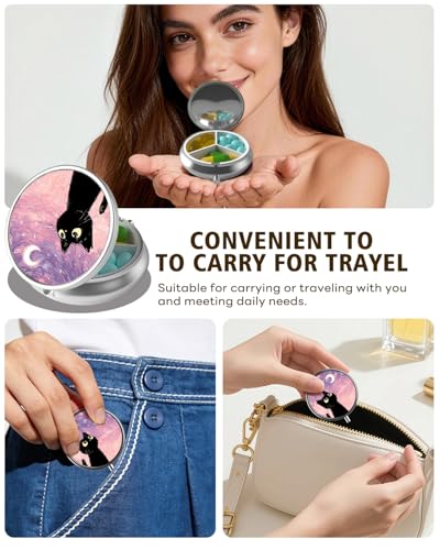 LRITER Pill Case, 3 Compartment Portable Travel Pill Box, Pillbox Organizer - color: Pink Starry Sky Cat