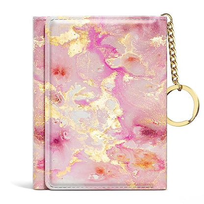 Rouidr Womens Wallet, Small Slim RFID Card Wallets for Women, Cute Front Pocket Trifold Leather Card Organizer with 7 Slots & ID Window, Gold Pink Marble - color: Gold Pink Marble