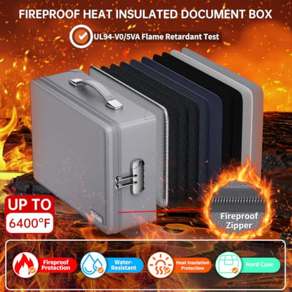 DocSafe 6400°F Fireproof Document Box with Lock, 10 Layers Heat Insulated - color: Grey