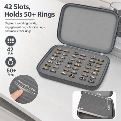 GWCASE Ring Organizer Box, 42-Slot Hard Shell Case, Holds 50+ Pieces, Gray - color: charcoal gray