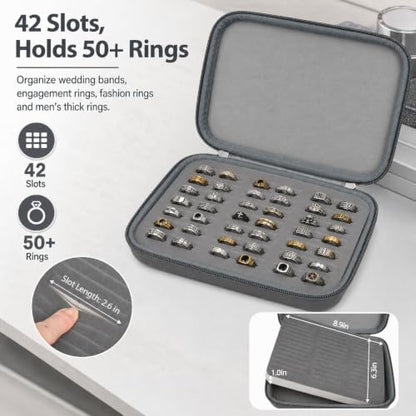 GWCASE Ring Organizer Box, 42-Slot Hard Shell Case, Holds 50+ Pieces, Gray - color: charcoal gray