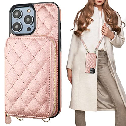 Bocasal Crossbody Wallet Case Card Holder for iPhone 14 Pro Max Rose Gold - color: Rose Gold