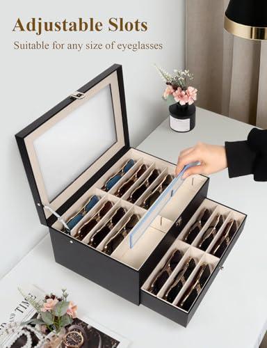 Sunglasses Storage Organizer Case with 24 Adjustable Slots, 2 Layer Multi Eyeglass Glasses Display Box with Lid Women - color: Black,24 Slots