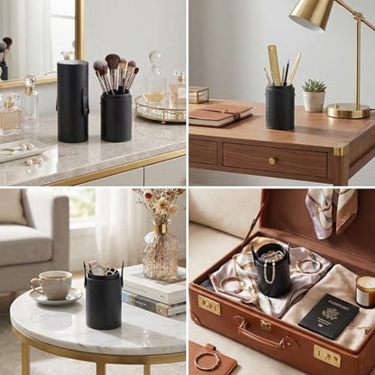 PU Leather Makeup Brush Holder Travel Makeup Brushes Case Makeup Brush Case Organizer Cosmetic Cup Cylinder Makeup Brush Storage Box with Button for Women (Black)