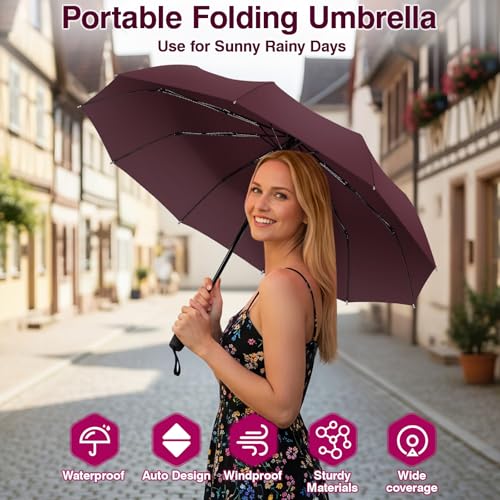 ZOMAKE Travel Umbrella Compact - 10 Ribs Portable Collapsible Umbrellas for Rain Windproof - Paraguas Automatic Small Folding Umbrella Lightweight Packable Umbrella for Women Men - color: Burgundy