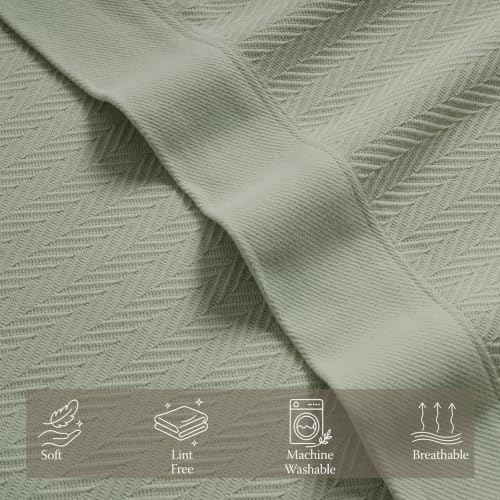 Threadmill Luxury 100% Cotton Twin Herringbone Blanket, Sage Green - color: Sage Green, size: Twin (68" x 92")