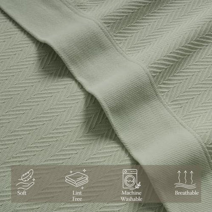 Threadmill Luxury 100% Cotton Twin Herringbone Blanket, Sage Green - color: Sage Green, size: Twin (68" x 92")