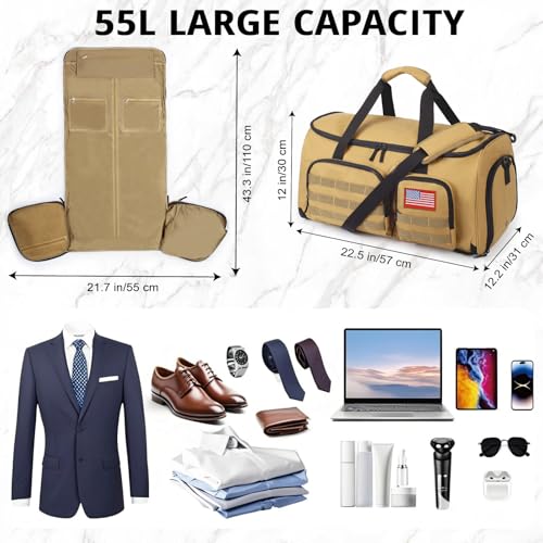 Duffle Bag for Men,55L Convertible Tactical Garment Bag for Business Trips - color: Brown