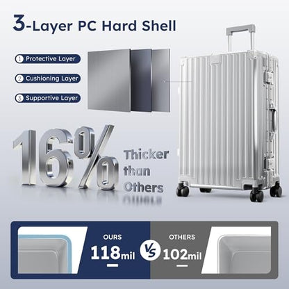 ALPHA CAMP Aluminum Frame Luggage, 24" Medium Checked Zipperless Suitcase - color: Silver, size: 24 Inch