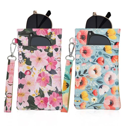 Double Eyeglass Case Soft Dual Glasses Case for Women Men Travel Squeeze Top Sunglasses Cases Eyeglasses Pouch - color: Blue+pink Flower
