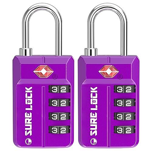 SURE LOCK TSA-Approved 4-Digit Resettable Combination Lock with Open Alert, Easy-Read Dials - for Luggage, School Lockers, Gym, Office, Toolbox & Security Cases (Dark Purple 2 Locks) - color: Dark PURPLE 2 PACK