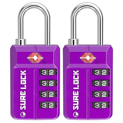 SURE LOCK TSA-Approved 4-Digit Resettable Combination Lock with Open Alert, Easy-Read Dials - for Luggage, School Lockers, Gym, Office, Toolbox & Security Cases (Dark Purple 2 Locks) - color: Dark PURPLE 2 PACK