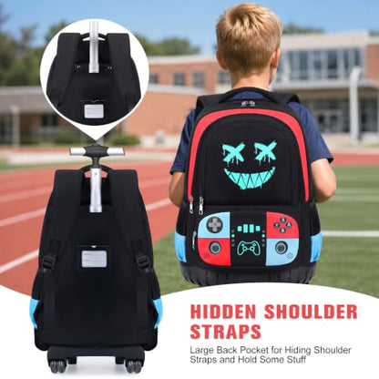 Bevalsa Rolling Backpack for Boys,Cool Gamer Boys Backpack with Wheels - color: Red Blue Smile