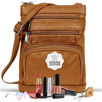 Krediz leather Crossbody Purses for Women, Multi Pocket Crossbody Purse with Adjustable Strap, Soft & Durable Leather Purse - color: Light Brown, size: Standard