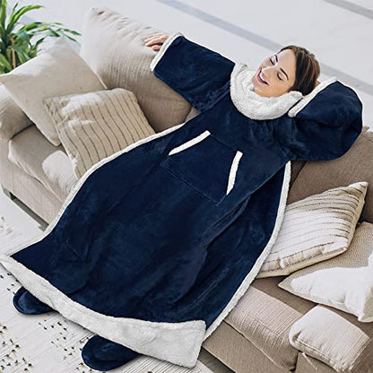 PAVILIA Sherpa Blanket with Sleeves, Foot Pockets for Women Men, Navy Blue - color: Navy, size: Sherpa