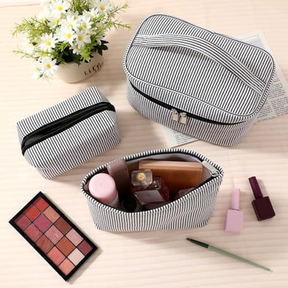 Huhumy 3Pieces Cute Seersucker Makeup Bag Set for Women, Black, Stripe - color: Black, style: Stripe
