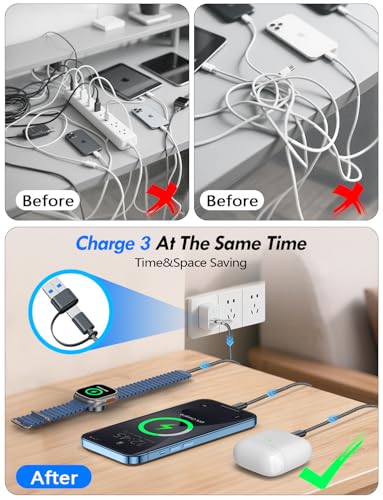 2Pack Travel Essentials for Apple Watch Charger,3-in-2 Multi Charging Cable - color: Black, size: 2Pack-5 FT