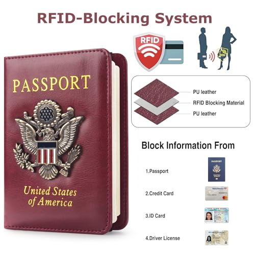 Premium Passport Holder for Travel RFID Blocking Passport Cover Slim - color: Wine Red
