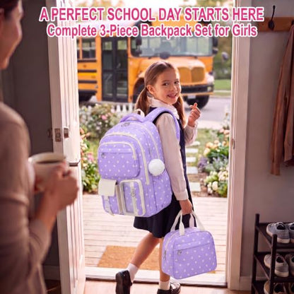 Girls Backpack Set 3PCS Ages 6-12, Kids School Backpack - color: Purple Heart