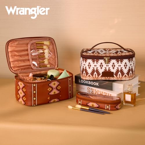 Wrangler Travel Makeup Bag 2pcs Set Cosmetic Bag with Makeup Brush Holder - color: Aztec-Brown