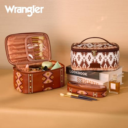 Wrangler Travel Makeup Bag 2pcs Set Cosmetic Bag with Makeup Brush Holder - color: Aztec-Brown